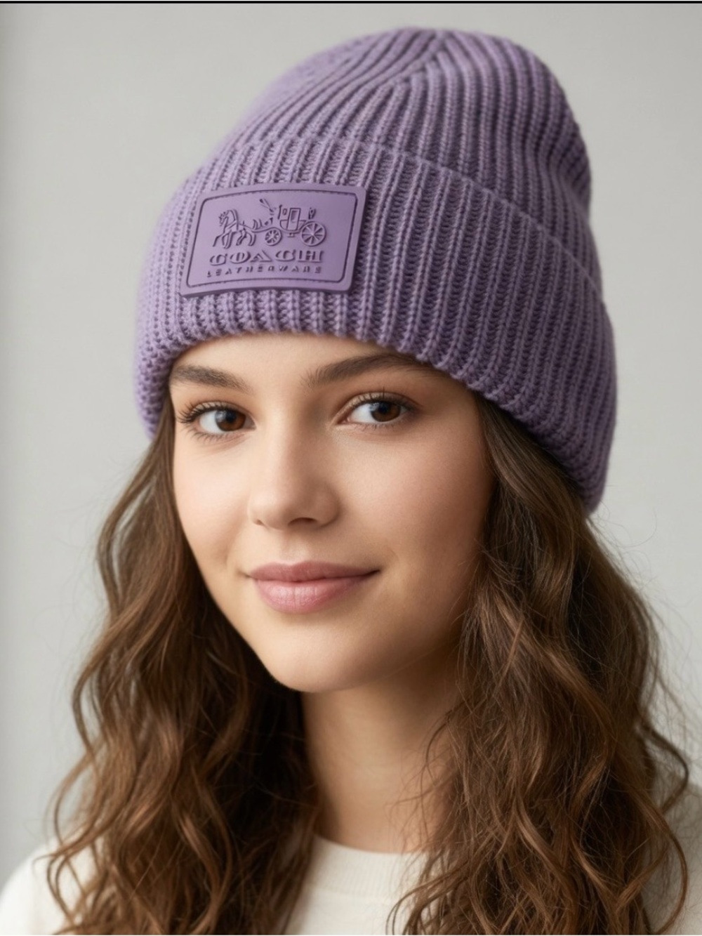 Coach Patch Rib Knit Wool Blend Beanie In  Violet Orchard NWT